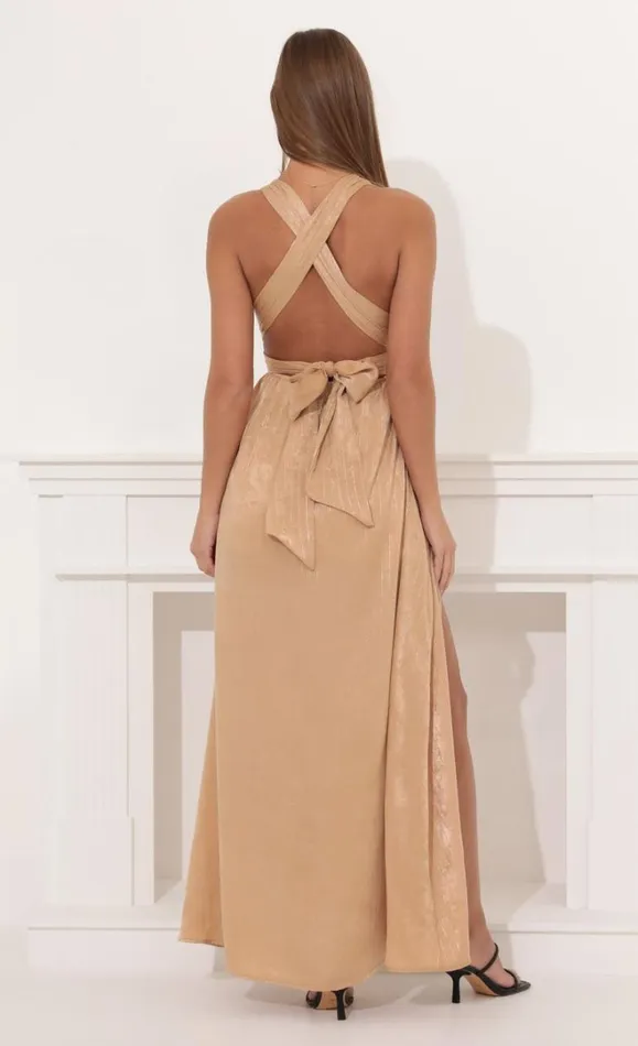 Samara Satin Maxi Dress Gold Pinstripe Women LUCY IN THE SKY Maxi Dresses Samara Satin Maxi Dress Gold Pinstripe Women LUCY IN THE SKY Maxi Dresses