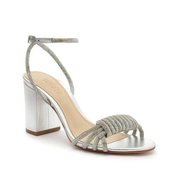 Sandals Jewell Block Metallic Nappa Leather Sandal Silver Schutz Shoes Block Heels