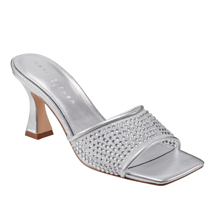 Sandals Marc Fisher Women Delaney Studded Slide Sandal Silver Leather