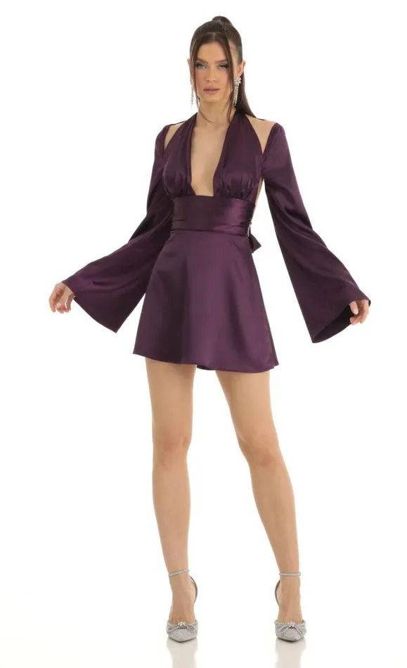 Satin Cold Shoulder Plunge Dress Purple Women LUCY IN THE SKY Mini Dresses