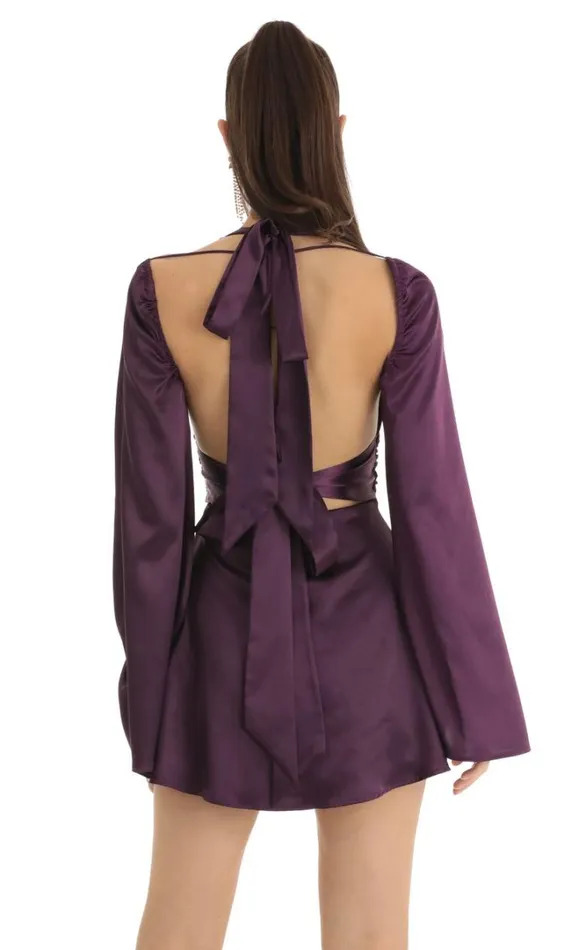 Satin Cold Shoulder Plunge Dress Purple Women LUCY IN THE SKY Mini Dresses Satin Cold Shoulder Plunge Dress Purple Women LUCY IN THE SKY Mini Dresses