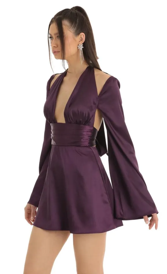 Satin Cold Shoulder Plunge Dress Purple Women LUCY IN THE SKY Mini Dresses Satin Cold Shoulder Plunge Dress Purple Women LUCY IN THE SKY Mini Dresses