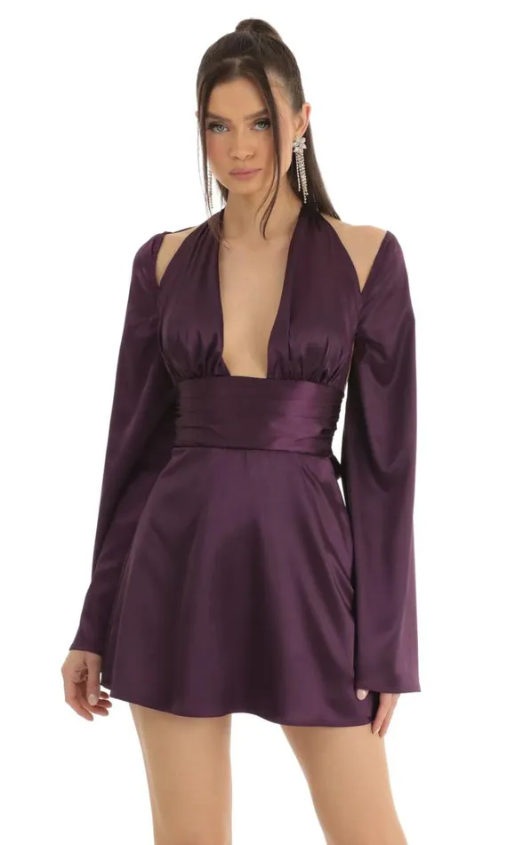 Satin Cold Shoulder Plunge Dress Purple Women LUCY IN THE SKY Mini Dresses Satin Cold Shoulder Plunge Dress Purple Women LUCY IN THE SKY Mini Dresses