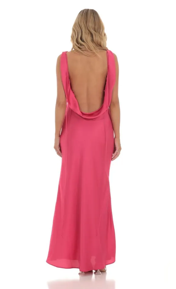 Satin High Neck Open Back Maxi Dress Magenta Women LUCY IN THE SKY Maxi Dresses