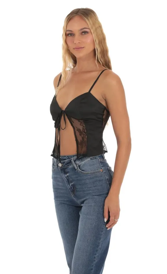 Satin Lace Top Black Women LUCY IN THE SKY Tops Satin Lace Top Black Women LUCY IN THE SKY Tops