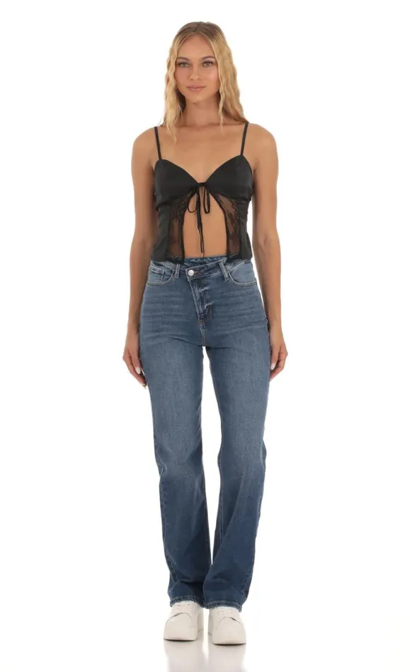 Satin Lace Top Black Women LUCY IN THE SKY Tops Satin Lace Top Black Women LUCY IN THE SKY Tops