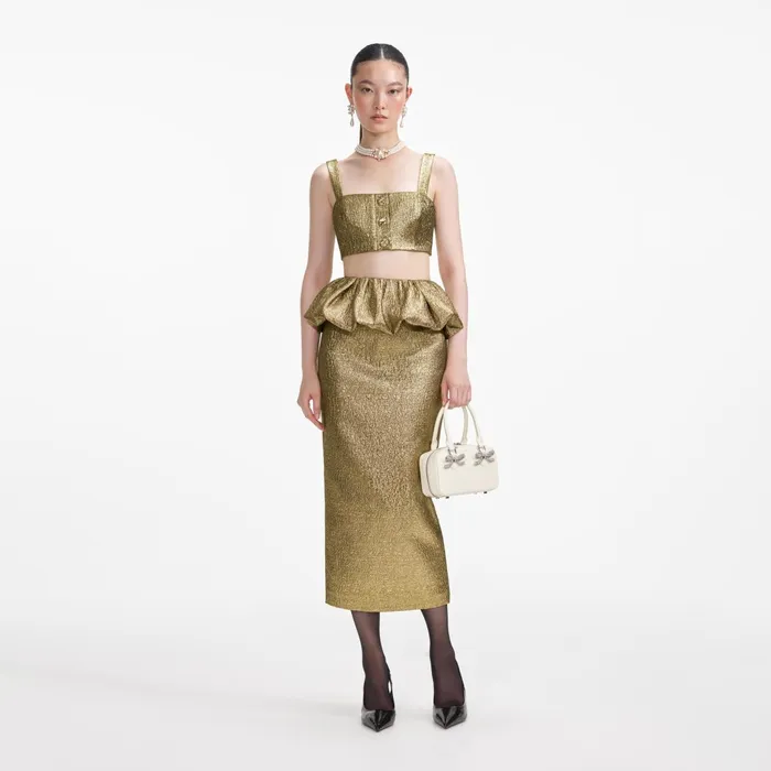 Self Portrait Bottoms Women Gold Metallic Jacquard Midi Skirt
