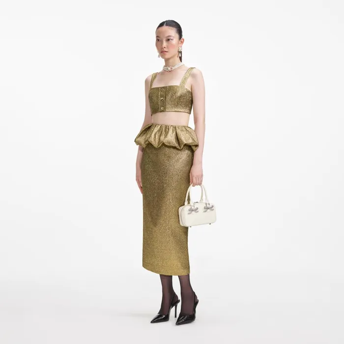 Self Portrait Bottoms Women Gold Metallic Jacquard Midi Skirt