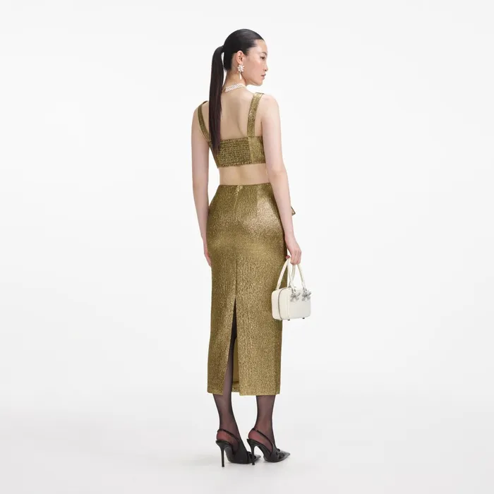 Self Portrait Bottoms Women Gold Metallic Jacquard Midi Skirt