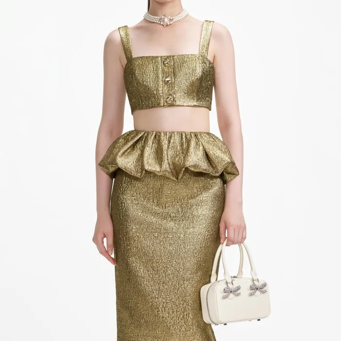 Self Portrait Bottoms Women Gold Metallic Jacquard Midi Skirt
