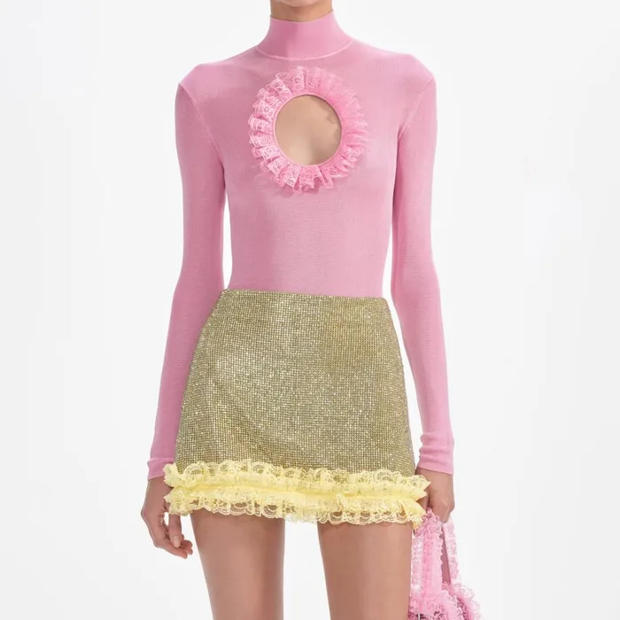 Self Portrait Bottoms Women Yellow Crystal Chainmail Mini Skirt