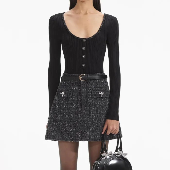 Self Portrait Denim Women Black Textured Denim Mini Skirt