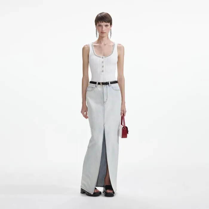 Self Portrait Denim Women Bleach Wash Denim Maxi Skirt