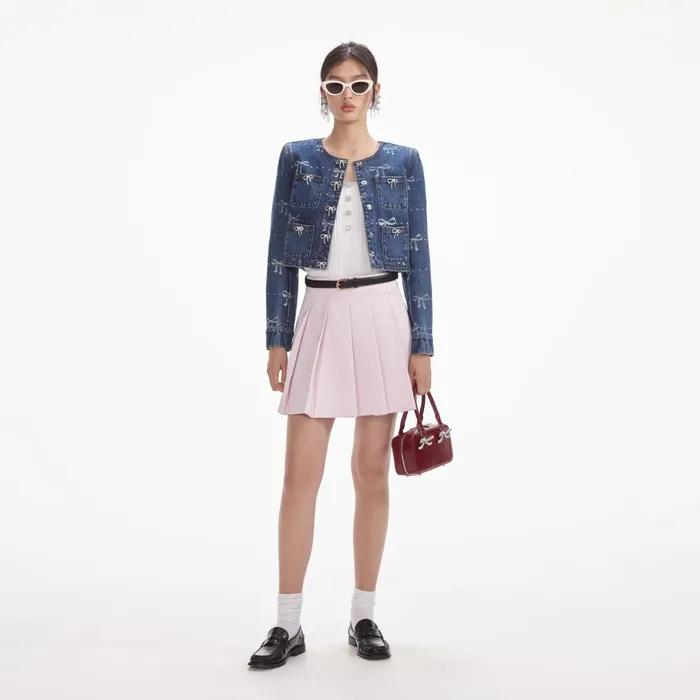 Self Portrait Denim Women Bow Print Denim Jacket
