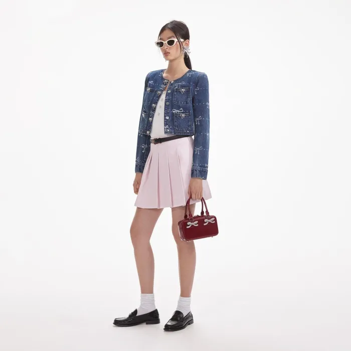 Self Portrait Denim Women Bow Print Denim Jacket
