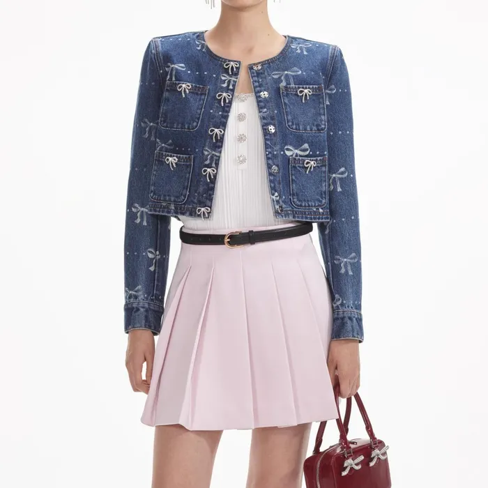 Self Portrait Denim Women Bow Print Denim Jacket