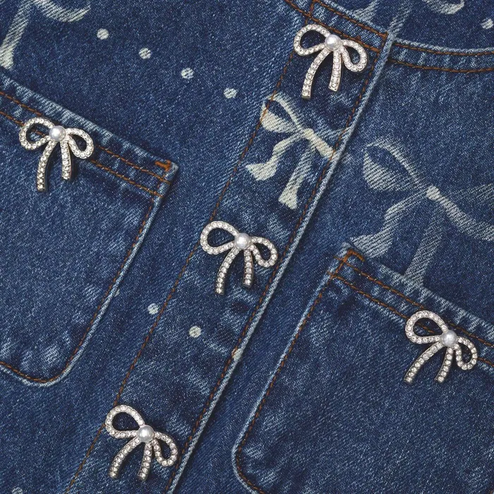 Self Portrait Denim Women Bow Print Denim Jacket