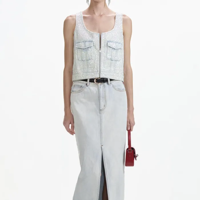 Self Portrait Denim Women Rhinestone Denim Cargo Top