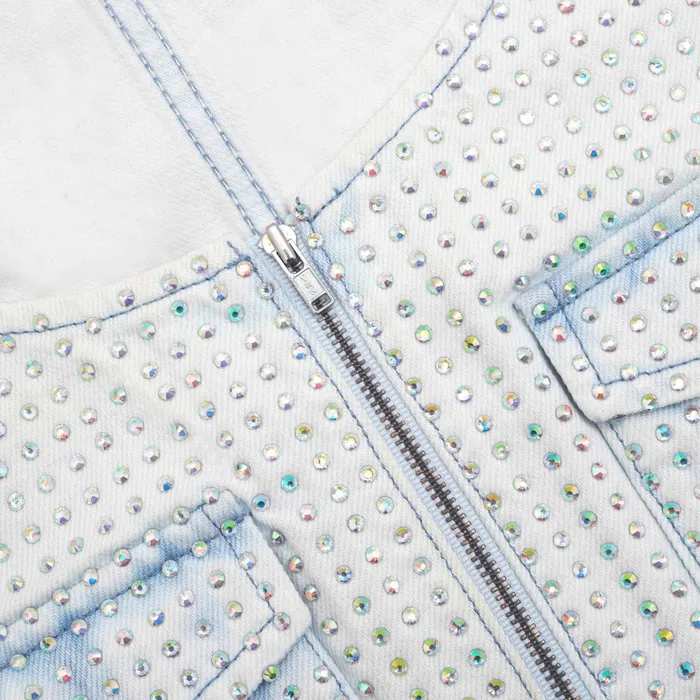 Self Portrait Denim Women Rhinestone Denim Cargo Top