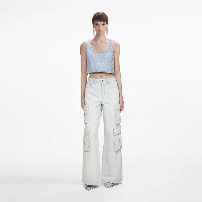 Self Portrait Denim Women Square Rhinestone Denim Top