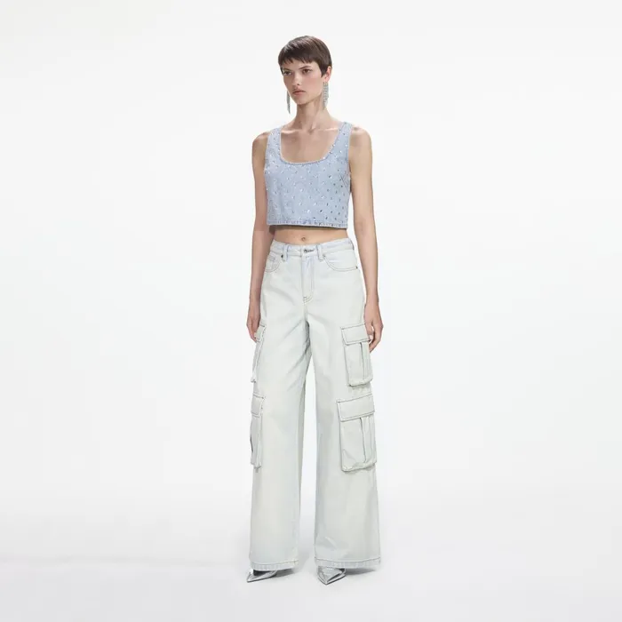 Self Portrait Denim Women Square Rhinestone Denim Top