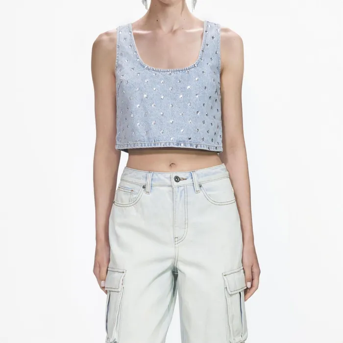 Self Portrait Denim Women Square Rhinestone Denim Top