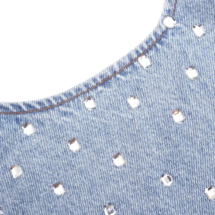 Self Portrait Denim Women Square Rhinestone Denim Top