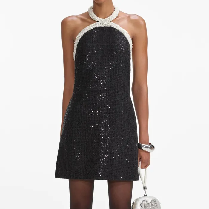 Self Portrait Dresses Women Black Boucle Pearl Trim Mini Dress