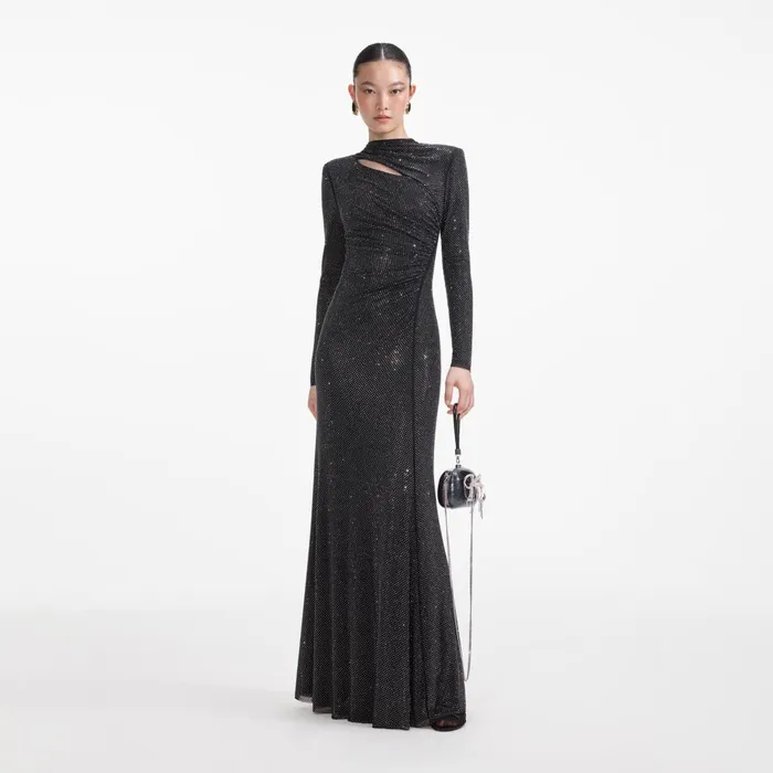 Self Portrait Dresses Women Black Rhinestone Mesh Cut Out Maxi Dress
