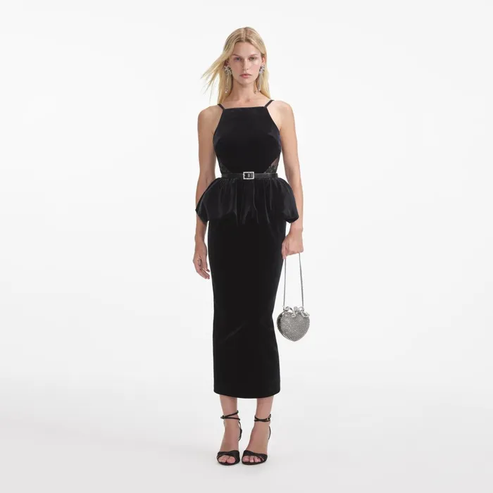 Self Portrait Dresses Women Black Velvet Peplum Midi Dress