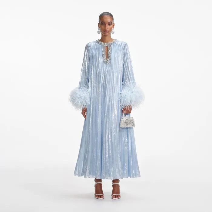 Self Portrait Dresses Women Blue Metallic Chiffon Feather Midi Dress Blue
