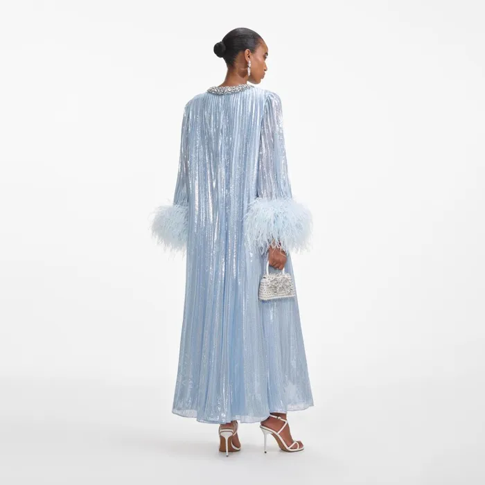 Self Portrait Dresses Women Blue Metallic Chiffon Feather Midi Dress Blue
