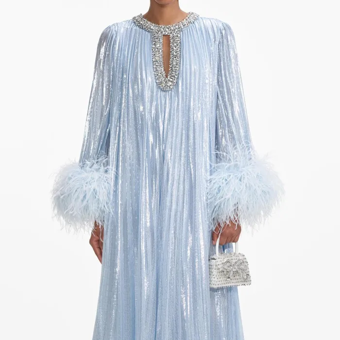 Self Portrait Dresses Women Blue Metallic Chiffon Feather Midi Dress Blue