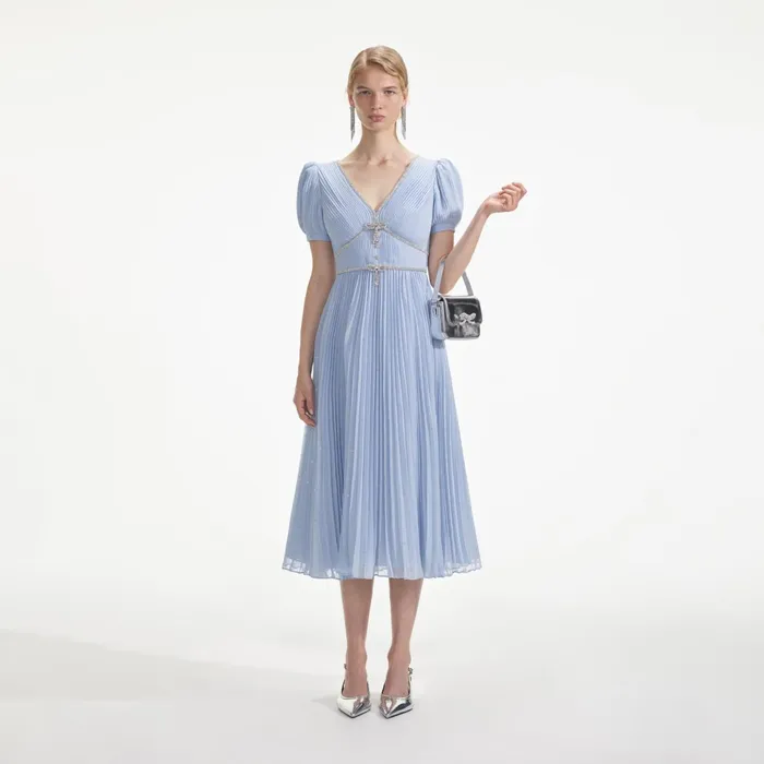 Self Portrait Dresses Women Blue Metallic Chiffon Midi Dress