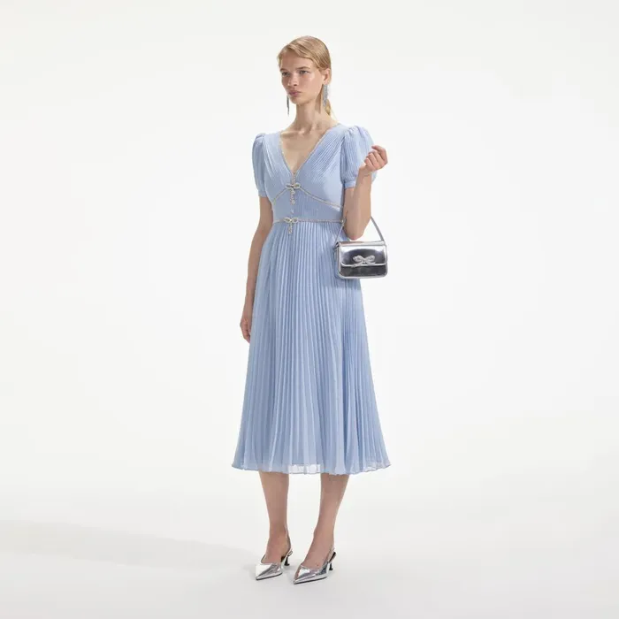 Self Portrait Dresses Women Blue Metallic Chiffon Midi Dress