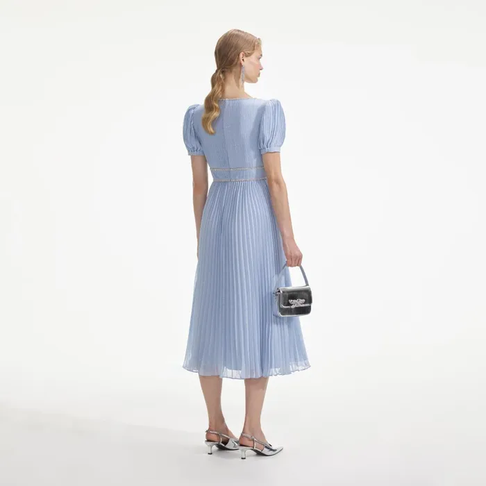 Self Portrait Dresses Women Blue Metallic Chiffon Midi Dress