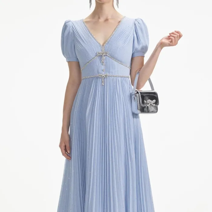 Self Portrait Dresses Women Blue Metallic Chiffon Midi Dress