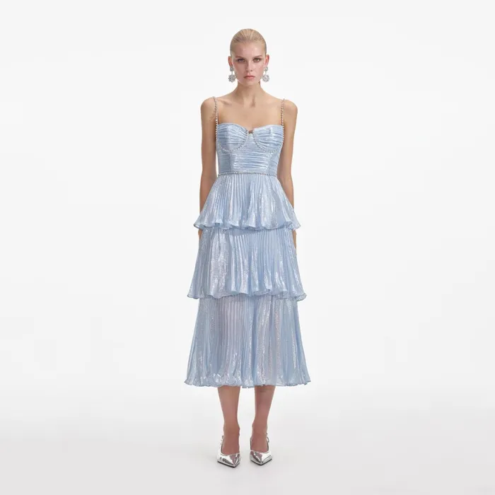 Self Portrait Dresses Women Blue Metallic Tiered Midi Dress
