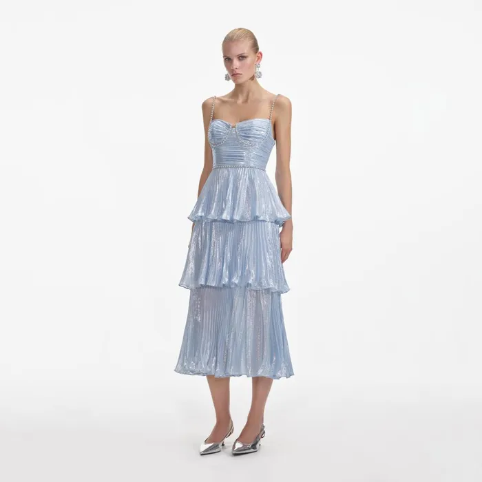 Self Portrait Dresses Women Blue Metallic Tiered Midi Dress