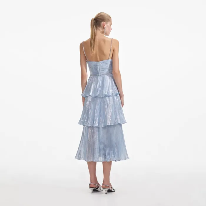 Self Portrait Dresses Women Blue Metallic Tiered Midi Dress
