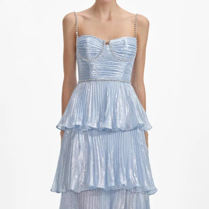 Self Portrait Dresses Women Blue Metallic Tiered Midi Dress