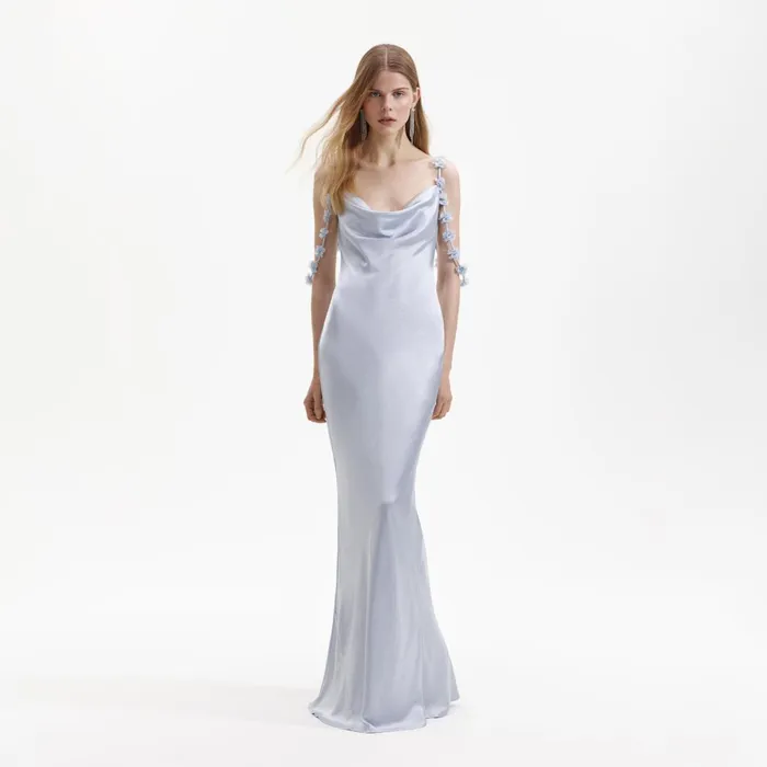 Self Portrait Dresses Women Blue Satin Flower Maxi Dress Blue