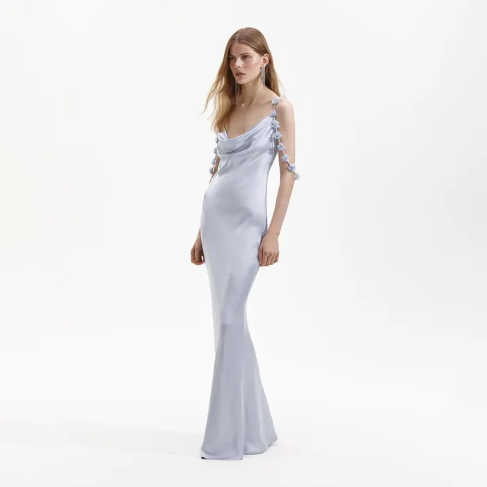 Self Portrait Dresses Women Blue Satin Flower Maxi Dress Blue