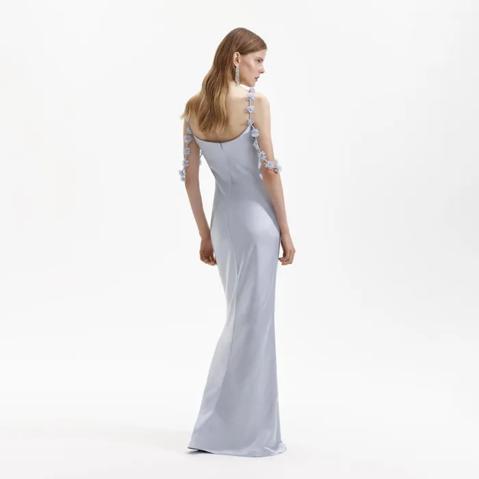 Self Portrait Dresses Women Blue Satin Flower Maxi Dress Blue