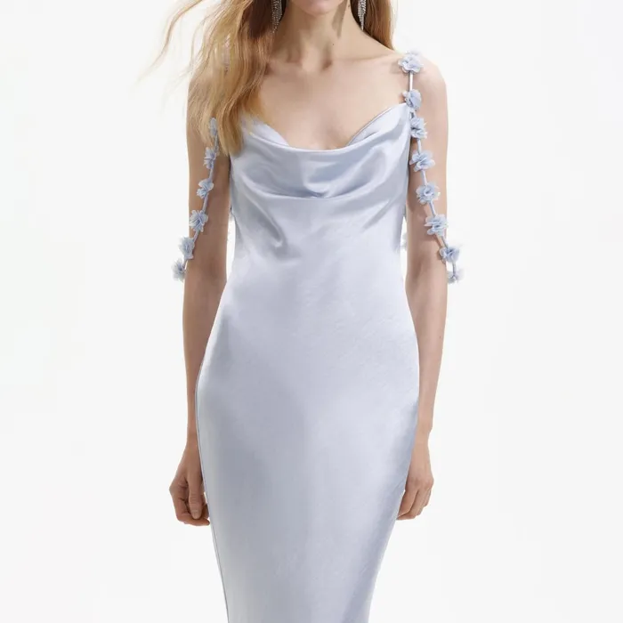 Self Portrait Dresses Women Blue Satin Flower Maxi Dress Blue