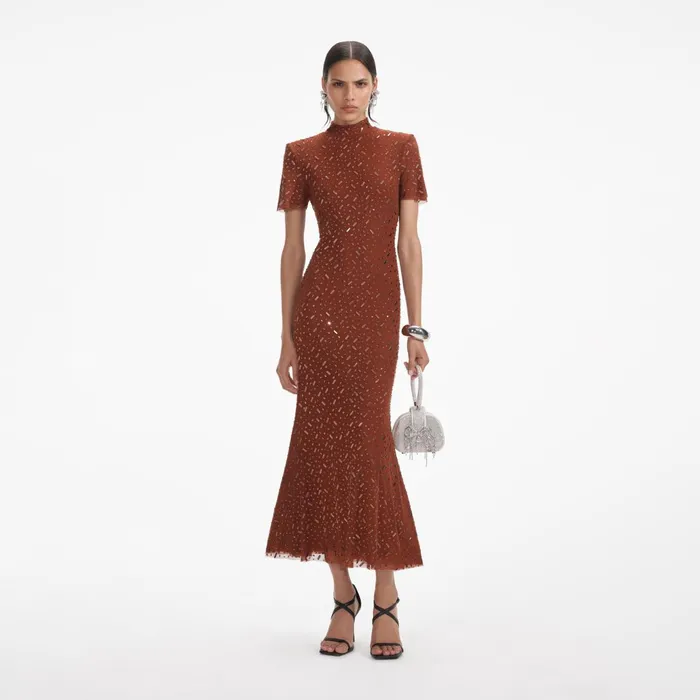 Self Portrait Dresses Women Brown Square Rhinestone Mesh Midi Dress