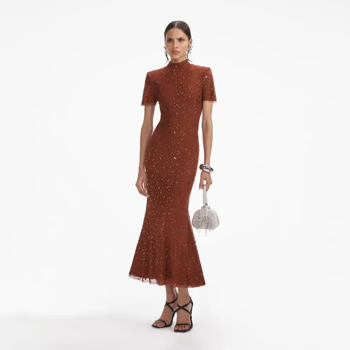 Self Portrait Dresses Women Brown Square Rhinestone Mesh Midi Dress