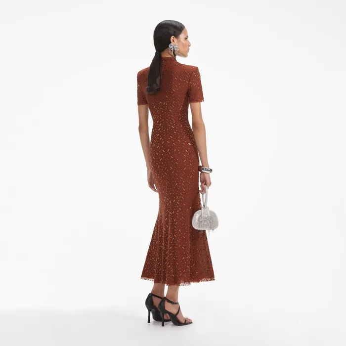 Self Portrait Dresses Women Brown Square Rhinestone Mesh Midi Dress