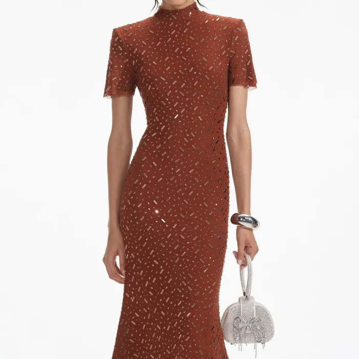 Self Portrait Dresses Women Brown Square Rhinestone Mesh Midi Dress