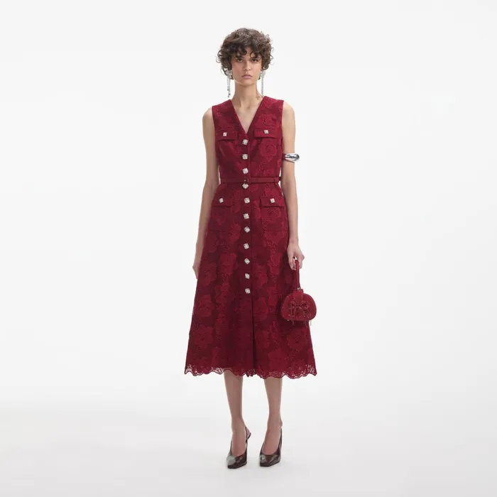 Self Portrait Dresses Women Burgundy Lace Buttoned Midi Dress